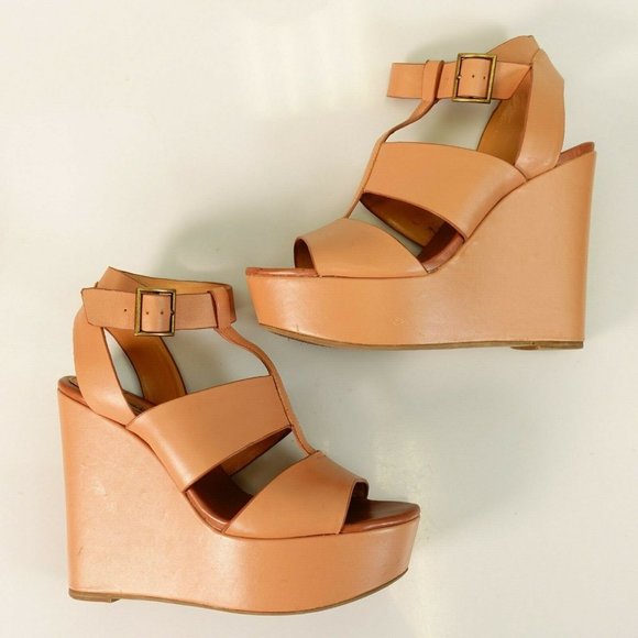 STEVE MADDEN Peach Nude Keenia T‎ Strap Wedge Sandal 8.5 Ankle Strap Peep Toe - Picture 10 of 13